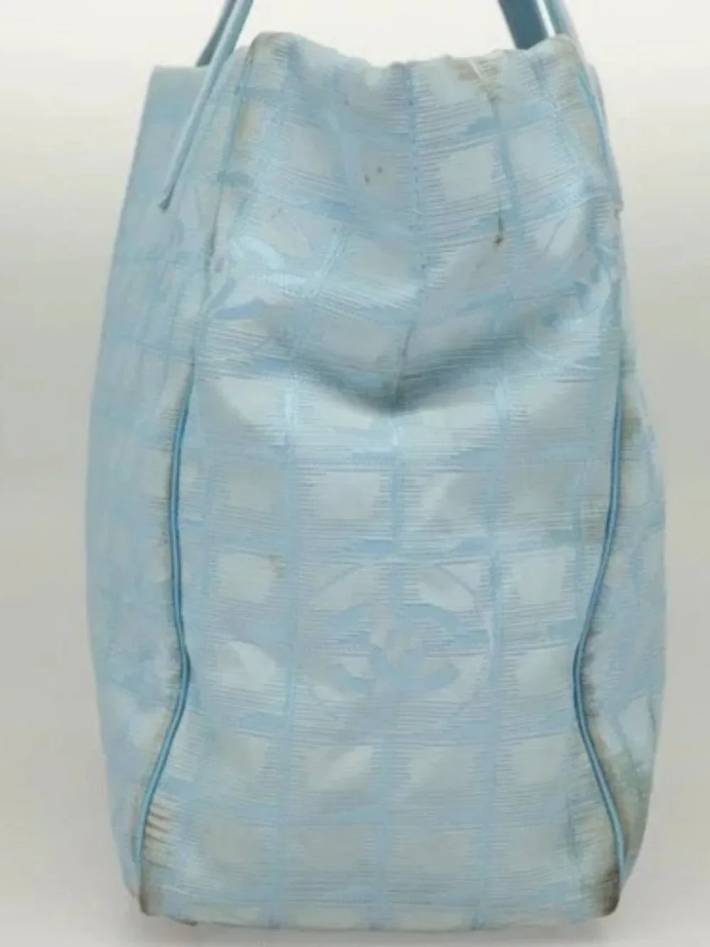 CHANEL New Travel line Tote Bag Light Blue Silver CC Auth 129655